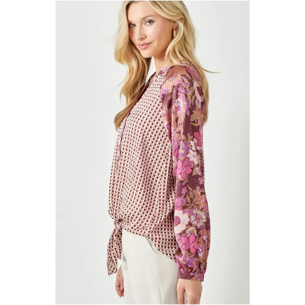 Mystree Button Up Shirt Womens S Merlot Burgundy Tie Front Mixed Floral Boho - Picture 2 of 13